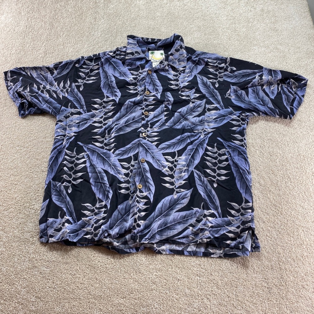 Banana Cabana Silk Hawaiian Shirt Mens XL Blue Black Tropical Leaf Print‎ Camp